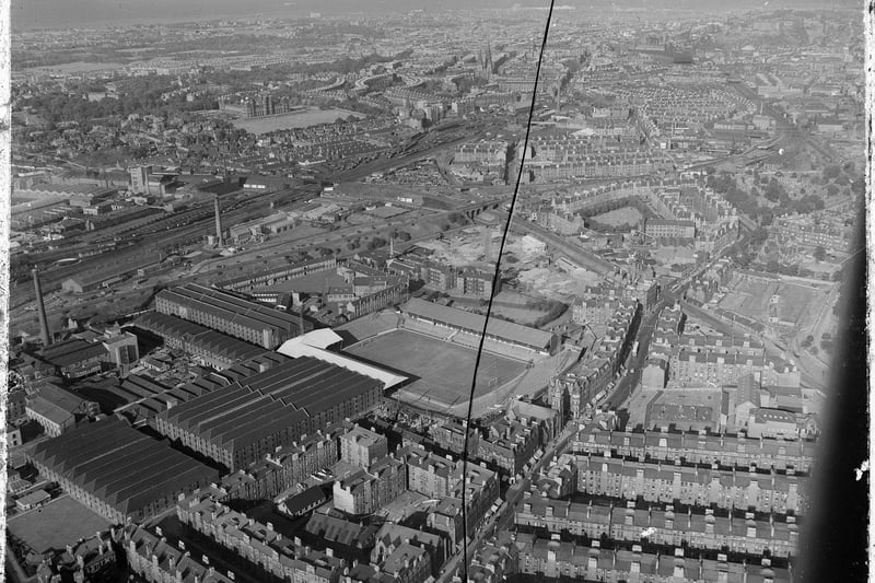 Aerial view of Tynecastle Park football ground, and Gorgie, taken in September, 1959.