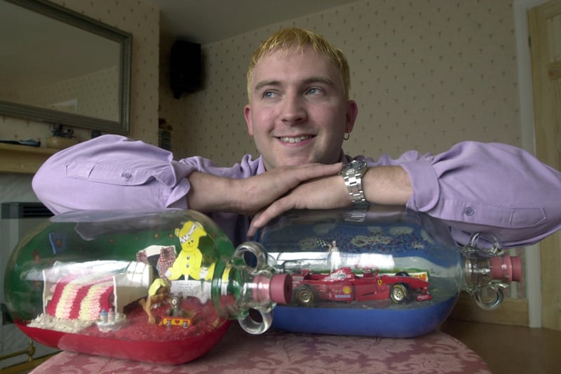 Middleton's Lee Dale who produced models in bottles for charity, including Formula One Ferrari and Pudsey Bear. Pictured in September 2001.
