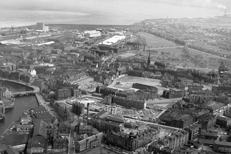 An aerial photo taken in April, 1964, showing Leith Shore in the foreground and Leith Links in the background.