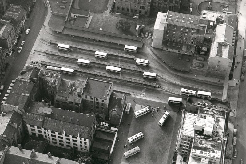 An aerial photo of buses in Clyde Street Bus Station off St Andrew Square, taken in March 1963.