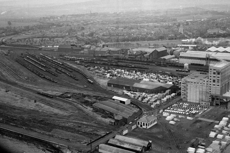 An aerial view of the former railway Marshalling Yards at Leith Docks, taken in January, 1964.