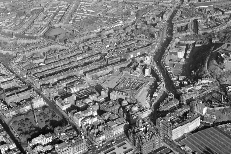 An aerial view of the east end of Edinburgh showing the North British Hotel, St Andrew Square, St James Square and Leith Walk, taken in November, 1969.