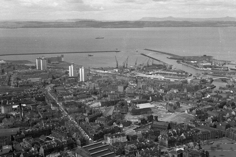 This photo from April, 1964, shows the port of Leith from above, looking out to the Firth of Forth and Fife.