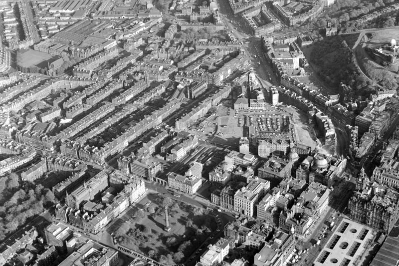 An aerial view of Edinburgh showing St Andrew Square and St James Square in the foreground and Leith Walk in the background, taking in November, 1969.