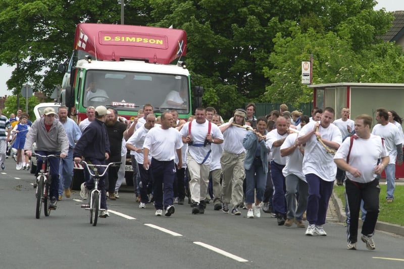 Teams from two public houses The Middleton Arms and The Falconers Rest took part in a sponsored truck pull in May 2000 in memory of Jennifer Richard who died in a hit and run incident. 