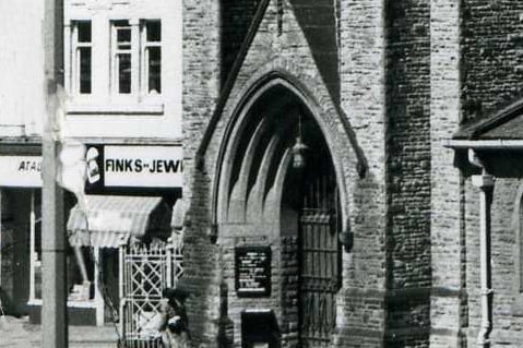 The entrance to St John's Church and Finks Jewellers, 1978