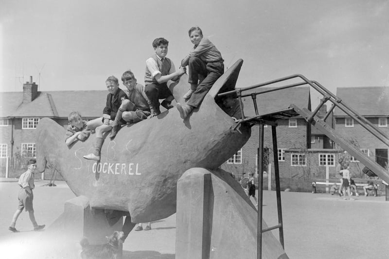 "A safe place for children to play, without danger from traffic, at the new playground off Bowness Avenue, Mereside " 1959