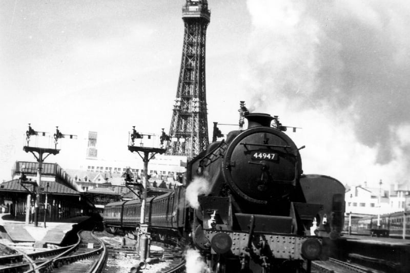 Manchester bound Black Five No 44947 at Central Station, Blackpool around 1960.  
Pic By Don Rutter