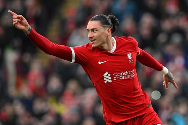 Darwin Nunez of Liverpool celebrates after scoring the second Liverpool goal during the Emirates FA Cup Fourth Round match between Liverpool and Norwich City at Anfield on January 28, 2024 in Liverpool, England. (Photo by John Powell/Liverpool FC via Getty Images)