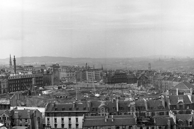 Overview of the redevelopment of Leith Street Edinburgh in 1970, with shops and houses making way for St James Centre, at the site where St James Quarter now sits.