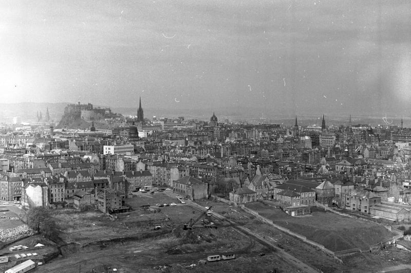 Overview of the redevelopment of the Pleasance, St Leonards and Southside, Edinburgh in 1970. Edinburgh Castle in seen in the background, to the left.