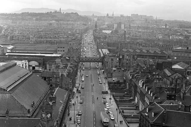 Aerial photo of Leith Walk, showing the old railway bridge, which is no longer there, and the foot of Leith Walk looking north to Princes Street in October 1977.