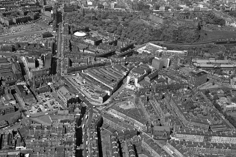 Aerial shot of the Tollcross area of Edinburgh, showing Goldbergs (centre), Earl Grey Street, Brougham Street, Fountainbridge, Home Street, Leven Street, the Usher Hall and Lothian Road, in May 1976.