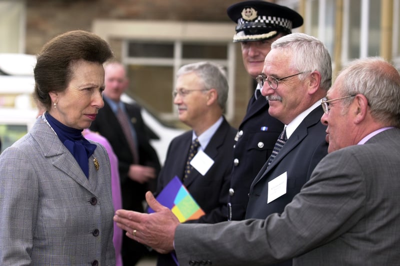 HRH Princess Royal speaks to Nigel Whiskin, Chief Executive of Crime Concern (right) and Richard Mellard, headteacher at  Whitebridge Primary School at the launch of the Leeds Junior Youth Inclusion Projects in May 2003.