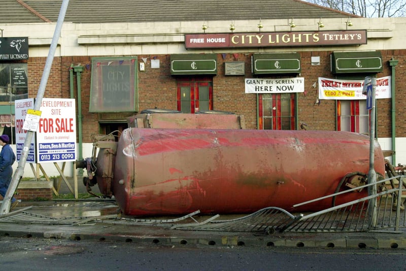 A tanker carrying beer from Tetley's Brewery  overturned outside the City Lights pub at the junction of Selby Road and York Road at Halton Dial in March 2000.