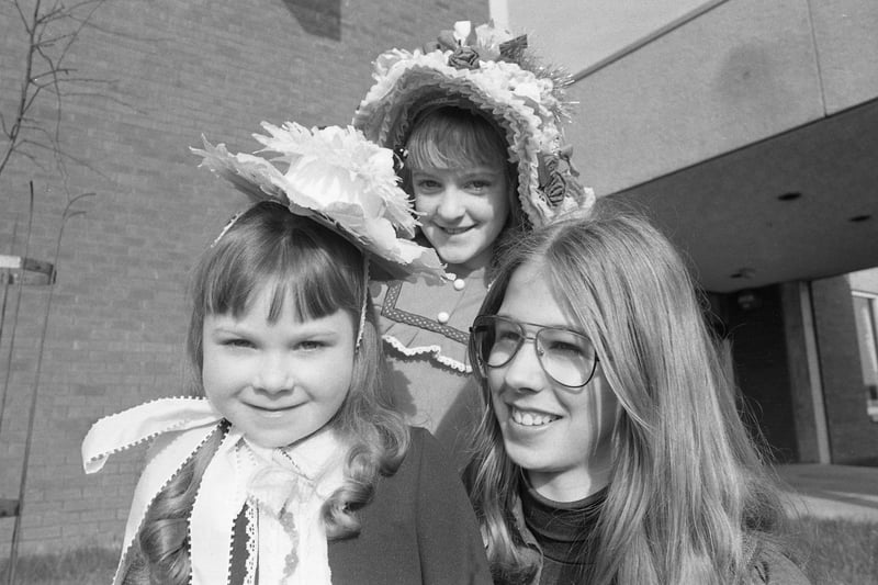 Making Easter bonnets at the Deptford and Millfield Community Association Easter Bonnet competition in 1977. 
Pictured, left to right, are Lisa Mason, Wendy Cliff and Gaby Dunnhoff. 