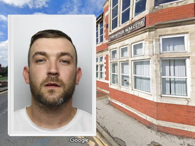 Martin Neville, aged 35, has been jailed over the shooting of a man outside Thrybergh Working Men's Club. Main picture: Google. Inset: South Yorkshire Police