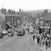 Middlewood Road from the junction with Brier Street showing (right) street traders in May 1964