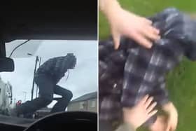 Man jumps over police car bonnet after pursuit.
