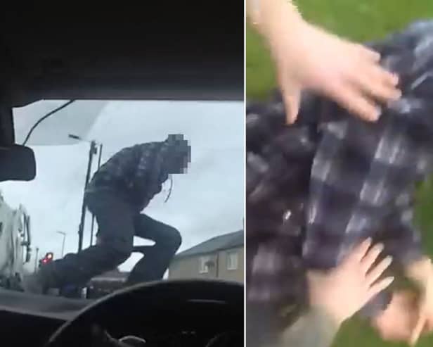 Man jumps over police car bonnet after pursuit.