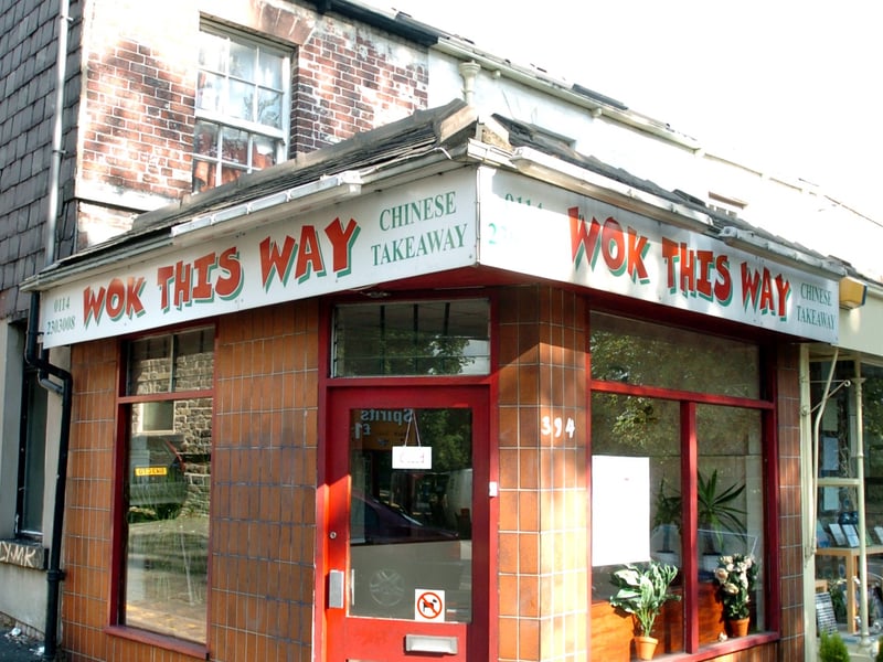 Wok This Way Chinese takeaway, on Fulwood Road, Sheffield, pictured in 2005. The name was inspired by the 1970s Aerosmith song.