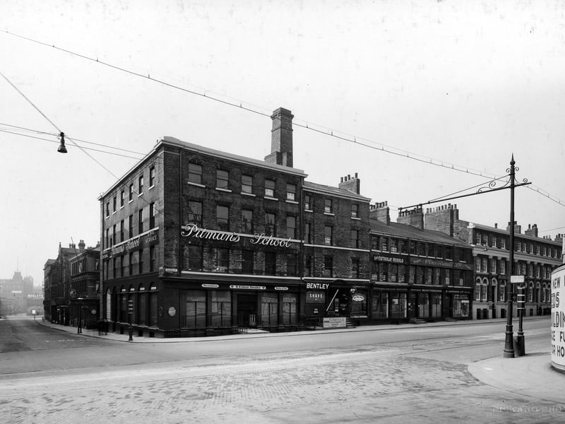 Looking from The Headrow on to the junction with Cookridge Street, Park Lane and Park Row. Isaac Pitman school of business and secretarial practices can be seen on the left. Pictured in October 1928.