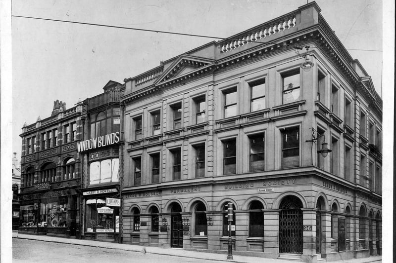 Albion Street at the junction with Guildford Street, the premises of Leeds and Holbeck Permanent Building Society. Pictured in October 1928.