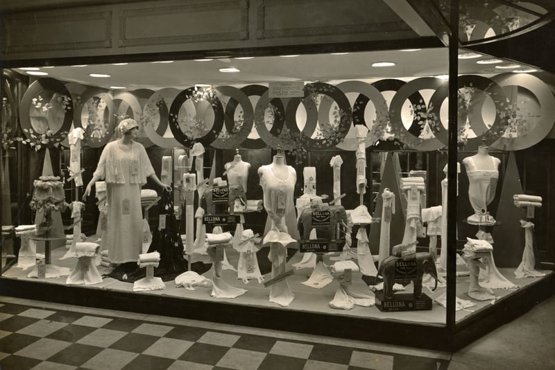 A photograph of a shop window display in Hitchen's store, second prize Leeds Civic Week in September 1928, including Bellona brand items (elephant trade mark).