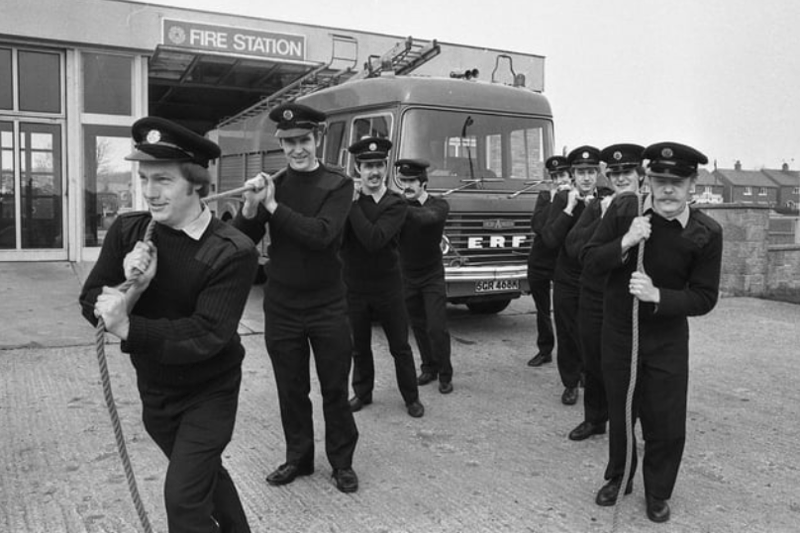 These firemen were towing a fire engine for charity. Remember this from April 1980? 
