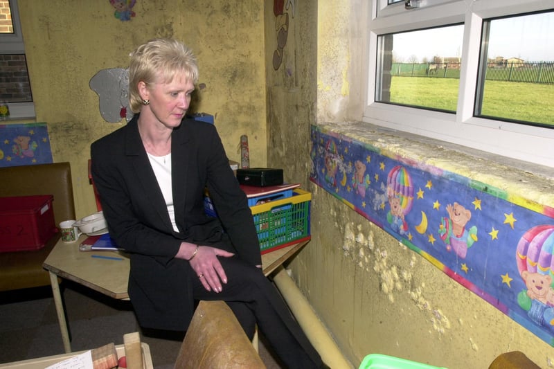 Sally Sumpner at Windmill Primary School by the nursery class that has been closed because of damp. Pictured in February 2001.