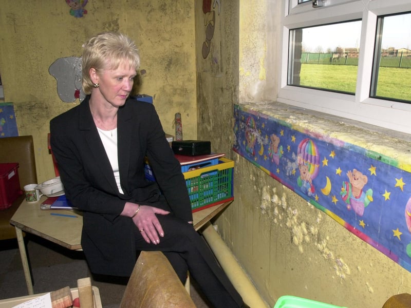 Sally Sumpner at Windmill Primary School by the nursery class that has been closed because of damp. Pictured in February 2001.