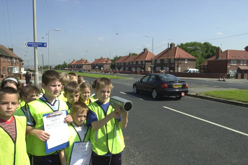 June 2000 and Windmill Primary School pupils used hand held speed guns to measure the speed of passing cars on Belle Isle Road. Pictured using the gun is Jamie Jones.