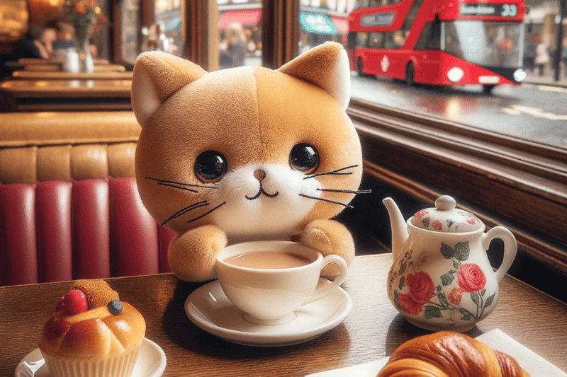 A Jellycat toy enjoying a cuppa windowside. 