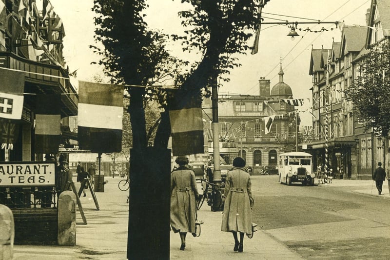 Banners and bunting in Clifton Street in celebration of the Silver Jubilee of King George V and Queen Mary in May 1935