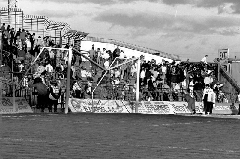 Broken crossbar and confusion on th terraces as Sunderland fans surge for the exit, 1987