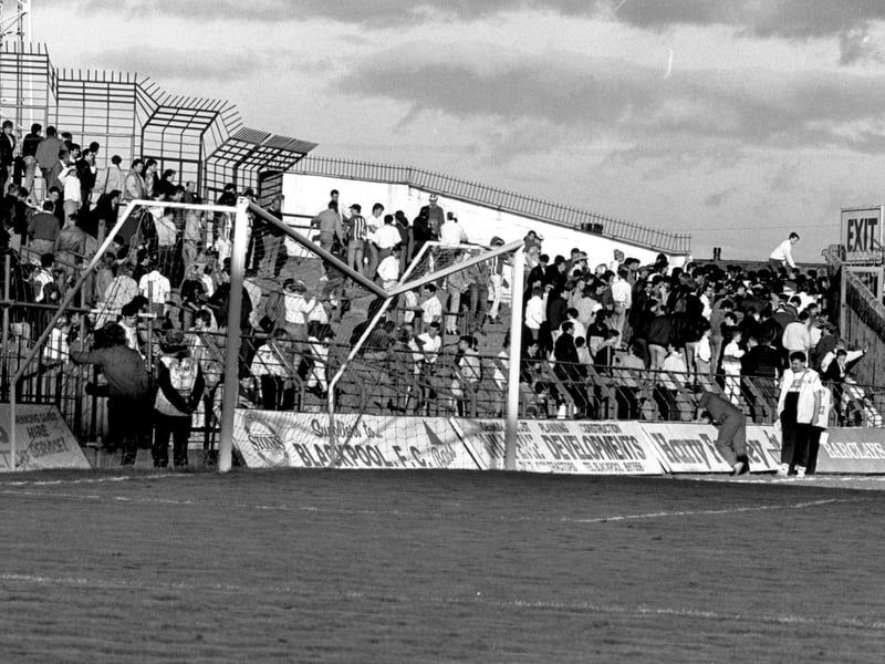 Broken crossbar and confusion on th terraces as Sunderland fans surge for the exit, 1987