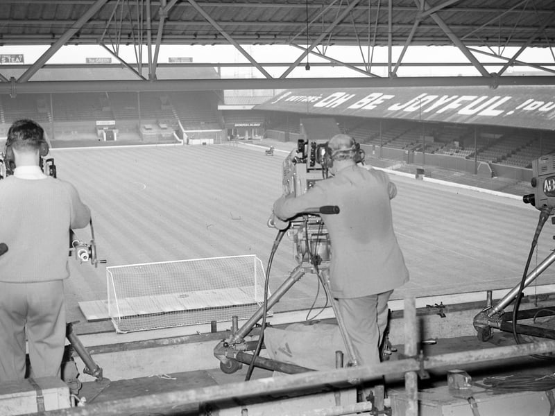 Television cameras in operation at the back of Spion Cop, Bloomfield Road, where for the first time a Football League match was being filmed for broadcasting the same evening