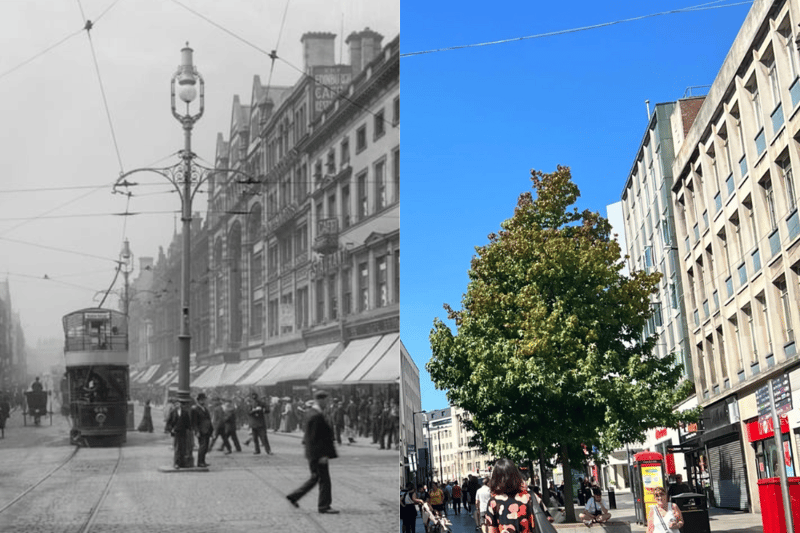 Back in the 1900s, you could ride a tram through Lord Street. Now, the centre of the street features trees and benches. 