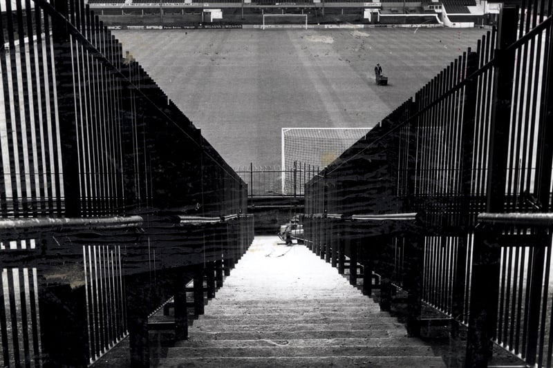 A policeman's view of the Bloomfield-road pitch from the kop which is being divided to split rival fans 