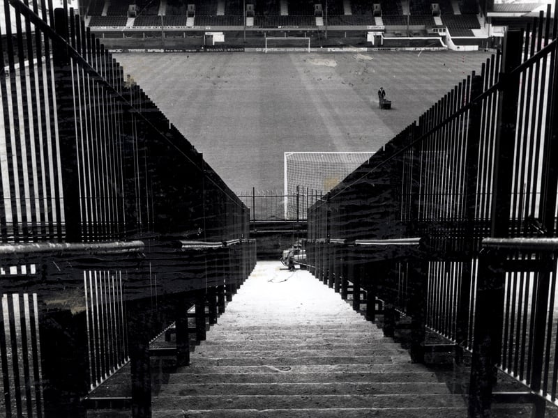 A policeman's view of the Bloomfield-road pitch from the kop which is being divided to split rival fans