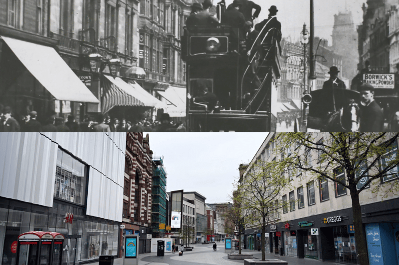 One of Liverpool's first tram cars heads down Lord Street in 1902 vs a deserted during the covid-19 lockdown.