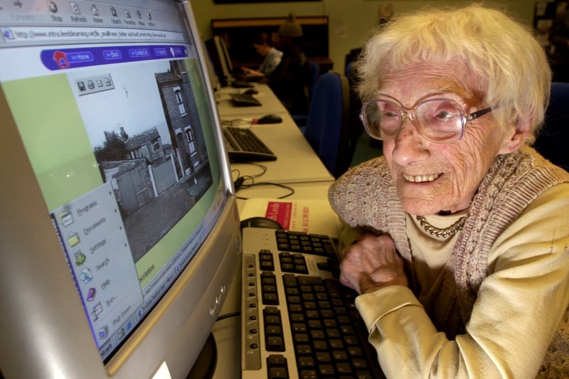 November 2003 and 100-year-old Minnie Dean is pictured at Hunslet Library where she had been introduced to theIinternet and Leodis, the photographic archive by run by Leeds Library & Information Service.