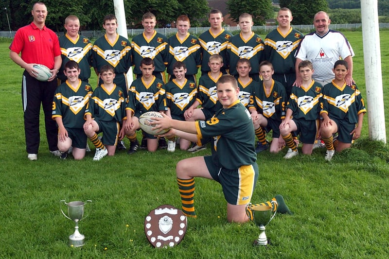 Hunslet Parkside U-14s were all smiles  in June 2003 after winning a rugby league triple -  the League Division One championship, Leeds and District Cup and Yorkshire Challenge Cup. Pictured front is team captain Kyle McDermott with, first row from left, Andrew Hepworth, Oliver Kirkham, Jonathan Curtis, Daniel Hoult, Thomas Walker, Paul McShane, Richard Tate, Jamie Kirkham and Jy-Mel Coleman.
Back row, from left, are Phil Tate, coach, David Kwapisz, Antony Addinall, Dean Pepper, Jason Shipley, David Robinson, Ben Jones, Sam Allan and John McDermott, coach.