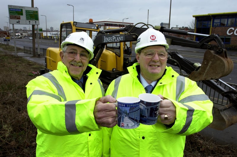 Chairman of Metro Mick Lyons, right, and Coun Brian Walker mark the start of the first stage of the Leeds supertram on Hunslet Road in March 2003.
