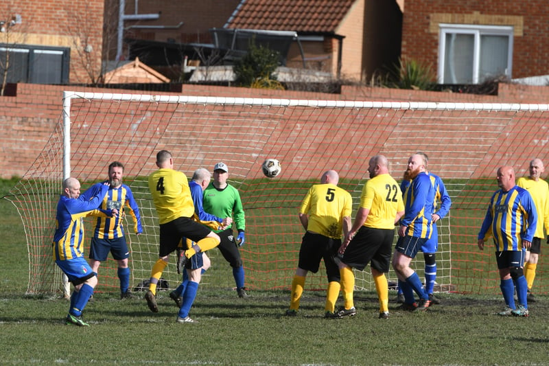 Willow Pond Over-40's (in yellow and blue) were playing Hartlepool Veterans at King George V fields, Pennywell, in this photo from March 2022.