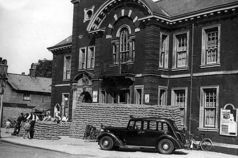 War preparations: Sandbags are stacked at Lytham police station and magistrates' court as the nation hangs under the threat of war in 1939