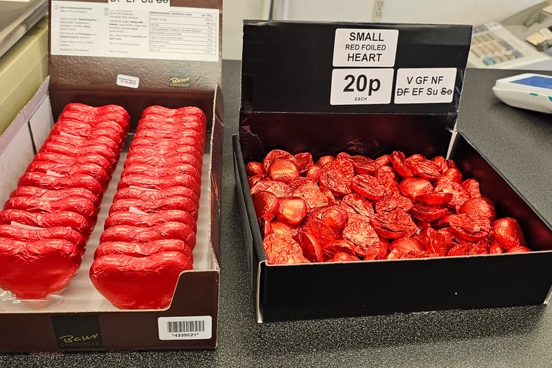At Scrumptiously Sweet they specialise in traditional sweets including large red foiled chocolate hearts for £1.50 and small ones for 20p.
