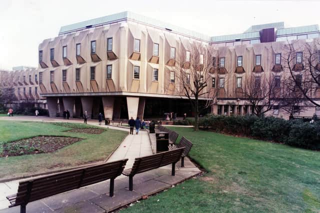 The old egg box' extension to Sheffield Town Hall, which was in place from 1977 to 2002. It is pictured here in January 1995