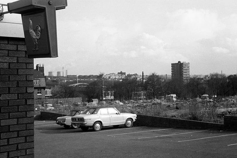 Another view taken from the car park of the Hobby Horse pubin 1970 looking south-east. Waste ground beside the car park has since been redeveloped with new housing. The tower block to the right is the British Gas tower on New York Road. The view looks towards Quarry Hill Flats and Saxton Gardens in the centre.