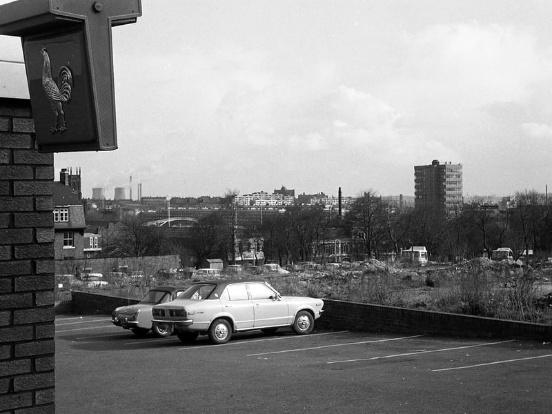 Another view taken from the car park of the Hobby Horse pubin 1970 looking south-east. Waste ground beside the car park has since been redeveloped with new housing. The tower block to the right is the British Gas tower on New York Road. The view looks towards Quarry Hill Flats and Saxton Gardens in the centre.